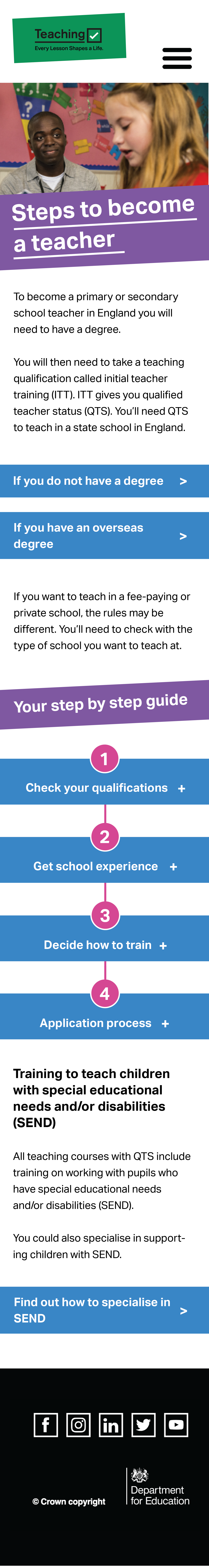 Screenshot of Steps to become a teacher