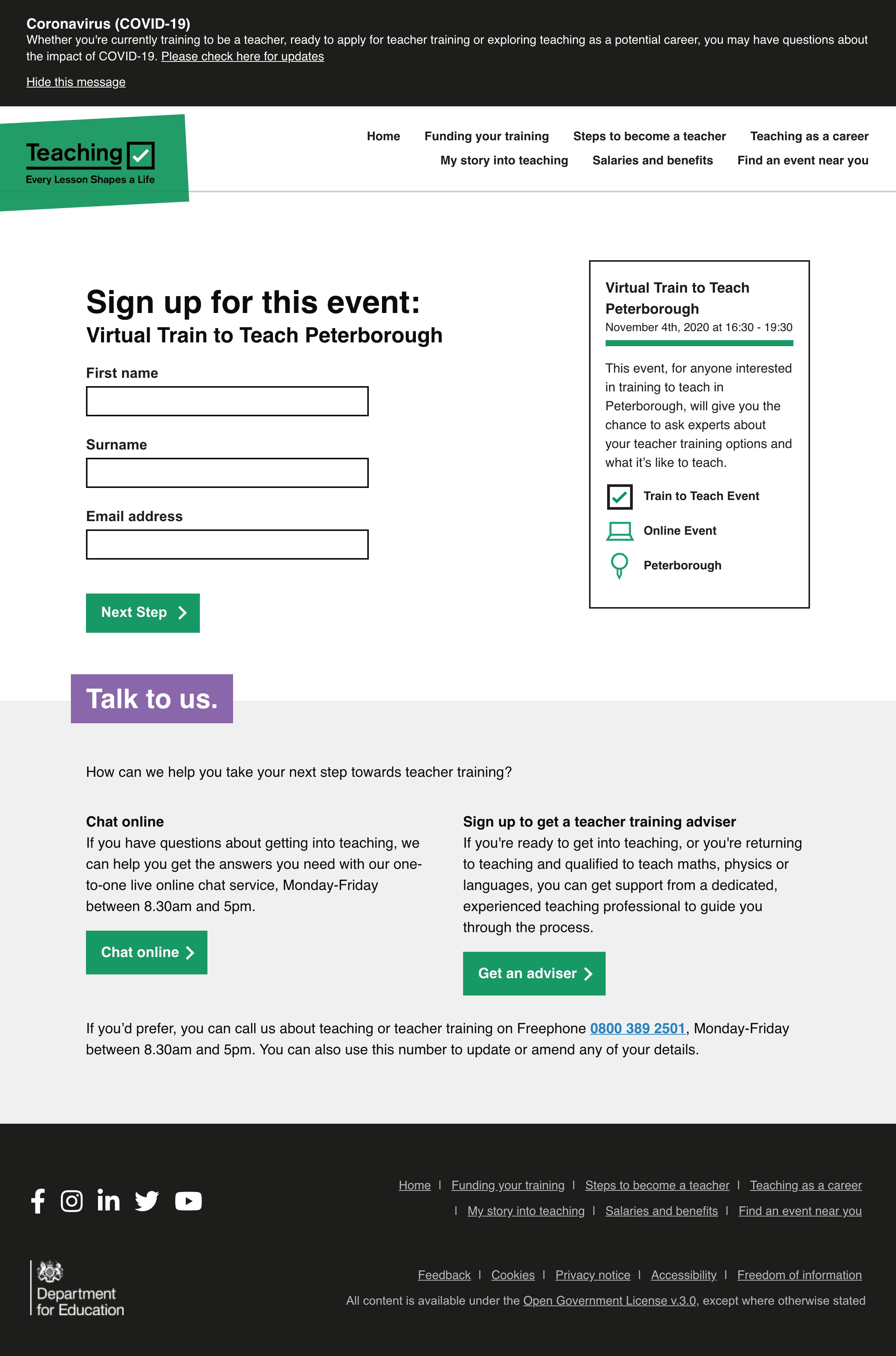 Screenshot of Event signup personal details